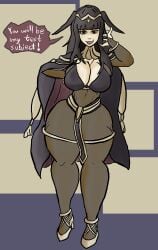 1girls bangs black_eyes black_hair bodystocking breasts cape cleavage cosmicdairy curvy english_text female female_only fire_emblem fire_emblem_awakening large_breasts legs long_hair looking_at_viewer nintendo open_mouth pelvic_curtain smile solo text tharja_(fire_emblem) thick_thighs thighs voluptuous wavy_mouth