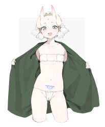 absurdres bikini blue_eyes blush collarbone cropped_legs eyepatch_bikini facial_mark female flat_chest forehead_mark fundoshi green_kimono groin hair_tubes highres horns japanese_clothes kimono navel oerba_yun_fang oni oni_horns open_clothes open_kimono open_mouth original pointy_ears pubic_tattoo pussy_juice short_hair smile solo swimsuit tattoo vertigris white_background white_hair yoshiko_(vertigris)