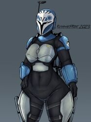 1girls armor bo-katan_kryze breasts clothed clothed_female clothing female female_only fully_clothed helmet runawaystride simple_background solo standing star_wars text thick_thighs thighs wide_hips