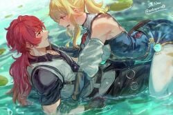 1boy 1girls accidental_circumstance arched_back artsquirrelb blonde_female blonde_hair blush diluc_(genshin_impact) dripping_water eye_contact face-to-face female female_on_top genshin_impact in_water jean_gunnhildr long_hair_male lying_in_water lying_on_person male male/female on_top_of ponytail red_hair straight water wet wet_clothes