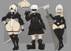 1boy 2girls blindfold breasts clothed clothing female huge_ass light-skinned_female light-skinned_male light_skin long_hair male male_focus nier nier:_automata saltynoodles short_hair white_hair wide_hips yorha_2b yorha_9s yorha_a2