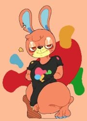 animal_crossing anthro big_penis black_clothing black_shirt black_t-shirt black_topwear bodily_fluids bottomless brown_body brown_eyes brown_fur claude_(animal_crossing) clothed clothing crouching d0ncassidy digital_media_(artwork) erection erection_under_clothing fur genital_fluids genitals half-closed_eyes lagomorph leporid long_ears male mammal narrowed_eyes nintendo orange_background partially_clothed penis pie_cut_eyes precum rabbit shirt simple_background solo star t-shirt topwear