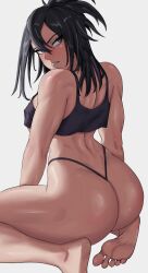 1girls ass back black_hair blue_eyes crop_top feet female_only huge_ass kneeling looking_at_viewer looking_back medium_hair messy_hair mole muscular muscular_female my_hero_academia nana_shimura shadertoons smile solo sports_bra thick_thighs thighs thong underboob