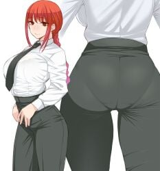 1girls ass ass_focus bangs big_ass big_butt black_necktie braid braided_hair chainsaw_man clothed clothed_female clothing dress_shirt female female_only large_ass light-skinned_female light_skin long_sleeves makima_(chainsaw_man) namidame necktie panties panties_visible_through_clothing pants pantylines red_hair shirt solo solo_female tight_pants topwear underwear white_shirt white_topwear