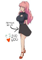 1girls :p backless_outfit bare_legs breasts cleavage cleavage_cutout female female_only fire_emblem fire_emblem:_three_houses high_heels hilda_valentine_goneril in2naps large_breasts legs long_hair looking_at_viewer meme nintendo pink_eyes pink_hair ponytail skirt solo standing stripping sweater tongue tongue_out twitter_strip_game_(meme) undressing white_background