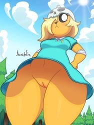 absurd_res adventure_time anthro blonde_hair bottomless bronwyn canid canine canis cartoon_network casual casual_exposure clothed clothing domestic_dog dress female genitals hair hair_over_eye hi_res jhenightfox mammal no_underwear one_eye_obstructed pussy solo thick_thighs upskirt