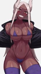 1girls animal_ears big_breasts bikini breasts bunny_ears dark-skinned_female eyelashes female_only fit_female flashing kemonomimi large_breasts long_hair micro_bikini midriff miruko muscular_female my_hero_academia navel red_eyes rumi_usagiyama shadertoons slim_waist smile solo swimsuit thick_thighs thighhighs thighs thong trenchcoat white_hair wide_hips