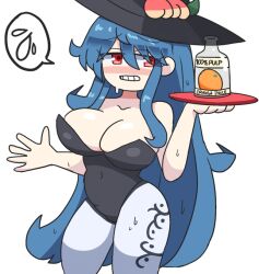 1girls big_breasts blue_hair cleavage drink hat holding_object light-skinned_female long_hair notnoe_(dxcl) succubus_costume tenshi_hinanawi touhou