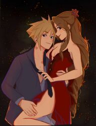 1boy 1girls aerith_gainsborough blonde_hair cloud_strife female final_fantasy final_fantasy_vii final_fantasy_vii_remake hand_on_thigh high_slit_dress kiss_mark lipstick_mark long_hair male male/female red_dress red_lipstick romantic slit_dress smooth_skin straight tie_pull undressing