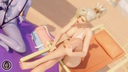 2girls 3d amelie_lacroix angela_ziegler barefoot beach beach_ball beach_chair beach_towel beach_umbrella big_ass big_breasts big_butt blonde_hair blue_eyes crossed_legs earrings feet female female_only medium_breasts mercy nipples oiled_body oiled_skin overwatch ponytail purple_skin ring semi_nude showing_breasts showing_nipple summer swimsuit toes trsensualstudio v_string_bikini watermark wet_body widowmaker