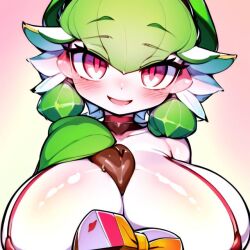 ai_generated anthro big_breasts blush bra chocolate gardevoir gift green_hair looking_at_viewer nintendo pokémon_(species) pokemon pokemon_(species) qmai red_eyes smile