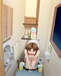 artist_request bathroom closed_eyes covering embarrassed female panties_down slippers source_request tears toilet trashcan