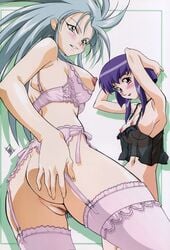 2girls ass ayeka_masaki_jurai blush bottomless bra breasts camisole censored color colored dat_ass female female_only garter_belt high_resolution kajishima_masaki kamidake_onsen lingerie long_hair miyakawa_hajime mosaic_censoring nipples pink_bra pussy ryoko_hakubi see-through tenchi_muyo! thighhighs underwear