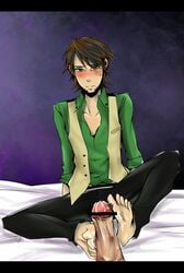 artist_request barefoot black_pants blush brown_hair cum cum_on_body cum_on_feet cum_on_lower_body disembodied_penis facial_hair feet footjob gay green_shirt kaburagi_t_kotetsu male penis pov sitting source_request tiger_&_bunny vest yaoi