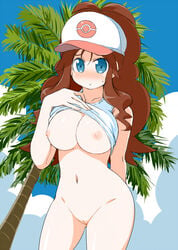 :t baseball_cap blue_eyes blush breasts brown_hair erect_nipples female female_only hat hilda_(pokemon) human large_breasts long_hair naitou_kouse navel nintendo nipples palm_tree pokemon pokemon_bw ponytail pussy shirt_lift solo sweatdrop tied_hair tree uncensored