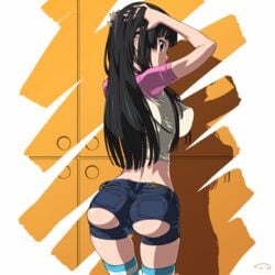 adjusting_hair ass back black_hair breasts denim denim_shorts erect_nipples female female_only hands_on_head hi_res high_resolution highres huge_breasts human human_only impossible_clothing k-on! large_breasts long_hair looking_at_viewer looking_back mio_akiyama_(k-on!) pose posing purple_eyes short_shorts shorts skinny solo striped striped_legwear striped_thighhighs suna thighhighs torn_clothes torn_shorts very_long_hair