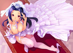 arm_support artist_request blue_hair blush breasts breasts_out cleavage elbow_gloves female fomalhaut garter_straps high_heels idolmaster large_breasts legwear looking_at_viewer looking_up miura_azusa mouth_hold nipples open_clothes panties photoshop puffy_nipples red_carpet sitting_on_floor thighhighs thong wedding_dress white_legwear white_panties