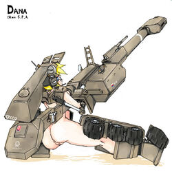 blonde_hair blue_eyes bottomless female glasses gun kakipo mecha_musume military military_vehicle oekaki original personification pussy self-propelled_gun short_hair solo tire vehicle weapon