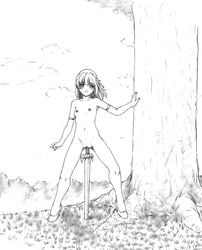 1girls blush flat_chest grafite_(medium) harumachi_nagaaki highres insertion masturbation monochrome nagaaki nipples nude original outdoors shoes short_hair solo sword traditional_media tree weapon