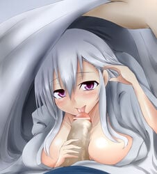 breasts censored cleavage clothing fellatio hair_tucking highres huge_breasts licking lifting_covers long_hair mitsuru_(madeinore) oral penis pov purple_eyes red_eyes silver_hair smile under_covers vocaloid yowane_haku