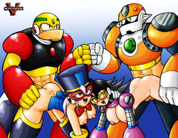 2boys 2girls abs ahe_gao ass black_hair blush breasts capcom concrete_man eyelashes from_behind functionally_nude green_hair group_sex guts_man hat large_breasts leg_grab long_hair looking_back magic_man_(mega_man) mega_man mega_man(classic) mega_man_9 muscular nipples open_mouth pink_hair plug_man rockman_&_forte rolling_eyes saliva sex straight tears vcampan yellow_eyes