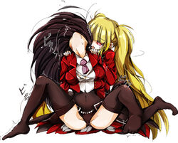 07th_expansion arched_back asmodeus_(umineko) black_hair blonde_hair facing_away female female_only head_back incest licking long_hair lucifer_(umineko) mozu_taiya multiple_females necktie no_shoes orgasm red_eyes shirt siblings simple_background sisters stakecest stakes_of_purgatory thighhighs tied_hair torn_clothes torn_shirt trembling twintails umineko_no_naku_koro_ni very_long_hair yuri