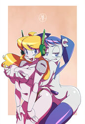 2girls blonde_hair bottomless breasts cave_story crossover curly_brace eastern_and_western_character female female_only gynoid jenny_wakeman leggings multiple_girls my_life_as_a_teenage_robot panties pennicandies robot smooth_skin socks stockings tagme teenager topless xj-9 yuri