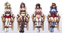 4girls artist_request ball_gag black_bra black_panties bondage bound bound_ankles bound_to_chair bound_torso bound_wrists bra breasts chair chair_bondage cleavage cleave_gag domination fantasy female female_only final_fantasy final_fantasy_vii final_fantasy_viii final_fantasy_x fishnet_thighhighs gag gagged green_eyes karosu-maker looking_at_viewer multiple_girls multiple_subs nipples open_clothes open_shirt panties red_ball_gag red_skirt restrained rikku rope rope_bondage selphie_tilmitt skirt tape tape_gag taped_mouth thighhighs tied_to_chair tied_up underwear yuffie_kisaragi yuna