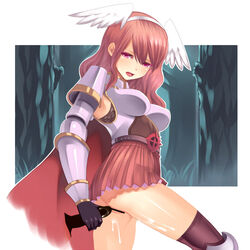 black_legwear cape censored fireflysnow head_wings lord_knight purple_eyes ragnarok_online red_hair skirt solo thighhighs