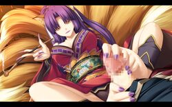 animal_ear artist_request barefoot censored cum eushully feet footjob fox_ear fox_tail fur game_cg kamidori_alchemy_meister kitsune kohakuren long_hair multiple_tails nail_polish penis purple_hair purple_nails source_request toes yellow_eyes