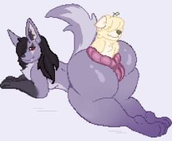 anal anal_vore animated anthro anus ass big_belly black_hair blushing digital_media_(artwork) duo female female/male grey_fur hi_res huge_ass invalid_tag kecafur kecapixel male pixel pixel_(artwork) plain_background pussy red_eyes thick_thighs vore