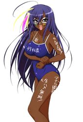 1girls armpit_hair blue_hair body_writing dark-skinned_female dark_skin female_only ganguro gyaru japanese_text kurokami_medaka long_hair looking_at_viewer makeup medaka_box nipples nipples_visible_through_clothing open_mouth pubic_hair swimsuit tagme translation_request