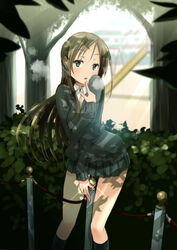 brown_hair cardigan finger_to_mouth green_eyes kneehighs long_hair original pussy_juice pussy_juice_trail school_uniform shadow skirt solo tree tree_shade wadapen