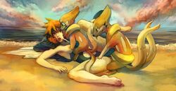 beach blue_eyes buizel clouds cum facial female feral floatzel human interspecies kasumi_(pokemon) male ocean orange_hair paizuri penis pokemon pokephilia purplekecleon sand seaside sky sunset swimsuit threesome tied_hair tongue twintails vaginal_penetration water waves