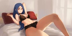 10s bedroom black_bra black_panties blue_hair bra breasts choker female glasses highres indoors lingerie little_witch_academia long_hair looking_at_viewer lying medium_breasts navel on_back on_bed panties pillow red_eyes sendrawz smile solo underwear underwear_only ursula_callistis witch