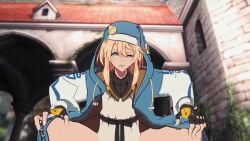 1boy 3d ambiguous_gender animated arc_system_works blonde_hair blue_eyes bridget castle clothed_sex clothing femboy girly guilty_gear guilty_gear_strive jacket kreamu looking_pleasured outside pov riding sex tagme video