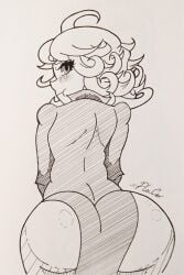 1girls ass big_ass blush fat_ass female female_only looking_at_viewer looking_back looking_back_at_viewer monochrome one-punch_man plasticcollector sketch solo tatsumaki