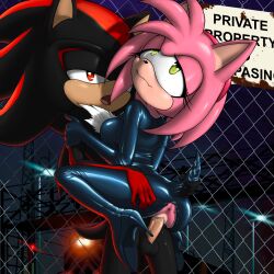 alternate_version_available amy_rose anus big_breasts black_fur dash-the-cheetah female_anthro fence green_eyes high_heels leather_clothing looking_pleasured male_anthro orgasm outdoors penetration penis pink_fur pussy_juice red_eyes red_fur sex shadow_the_hedgehog sonic_(series) sonic_the_hedgehog_(series) standing_sex straight tail_grab zipper