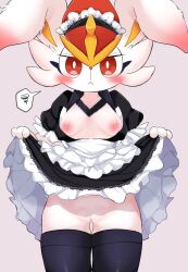 1girls bunny_ears cinderace female_cinderace fur furry furry_only maid pokemon pokemon_(species) prrrrrrmine pussy raising_skirt red_eyes simple_background text white_fur