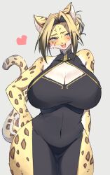 1girls aky_sg6 anthro asian_clothing big_breasts black_body black_clothing black_dress black_fur black_spots blonde_hair blue_eyes blush breasts chinese_clothing chinese_dress cleavage_cutout clothed clothing curvaceous curvy_figure cute_fangs dress east_asian_clothing eyebrow_through_hair eyebrows felid female front_view fur grey_background hair hand_behind_back hand_on_hip head_tilt heart huge_breasts kemono leopard looking_at_viewer mammal navel pantherine pelvic_curtain pink_tongue portrait pubic_mound sgsix simple_background smile solo spots thick_thighs three-quarter_portrait tight_clothing tongue translucent translucent_hair voluptuous white_body white_fur wide_hips yellow_body yellow_fur