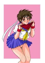 blush embarrassed holding_panties panties peeing peeing_self pussy red_panties sakura_kasugano shinkirou_akatsuki street_fighter upskirt urine urine_on_ground urine_stream wet_panties wetting wetting_self