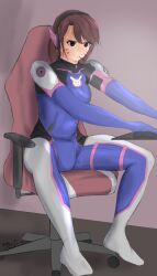 1girls bodysuit d.va diaper diaper_under_clothing female female_only omorashi overwatch sitting solo tagme trij