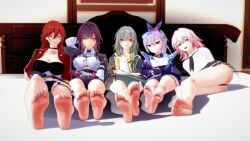 3d 5girls barefoot bedroom blue_eyes breasts brown_eyes closed_mouth drill_hair drill_ponytail expressionless feet feet_focus female female_only female_protagonist foot_fetish foot_focus grey_eyes grey_hair grin happy himeko_(honkai:_star_rail) honkai:_star_rail honkai_(series) kafka_(honkai:_star_rail) large_breasts lipstick long_hair looking_at_viewer march_7th_(honkai:_star_rail) on_bed open_mouth pink_hair purple_eyes purple_hair red_hair short_hair silver_wolf_(honkai:_star_rail) sitting_on_bed small_breasts smile stelle_(honkai:_star_rail) sunglasses sunglasses_on_head take_your_pick yellow_eyes