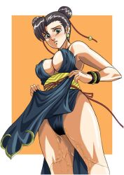 capcom chun-li chun-li_(battle_ouffit_sfiv) lifting_skirt peeing peeing_self sad shinkirou_akatsuki street_fighter street_fighter_iv urination urine urine_on_legs urine_stream wetting wetting_self