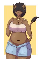 2023 accessory afro anthro big_breasts bottomwear breasts chubby_female cleavage clothed clothing digital_media_(artwork) ear_piercing ear_ring felid female flyingtrace hair hair_over_eyes hi_res jewelry kori_(flyingtrace) lion mammal navel nipple_outline pantherine piercing ring_piercing signature simple_background slightly_chubby solo tail thick_thighs