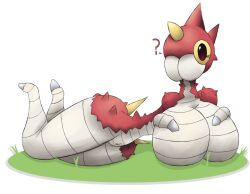 ? animal_humanoid anthro bug fur_breasts fur_thick_thighs grass green_background horn huztar looking_at_viewer lowres lying_on_side pokémon_(species) pokemon thin_waist wurmple