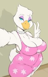 2023 anthro avian beak big_breasts bird blue_eyes breasts character_request cleavage clothed clothing dress eyeshadow feathers female gesture hi_res looking_at_viewer makeup non-mammal_breasts original original_character pattern_clothing selfie solo usnarbit v_sign white_body white_feathers