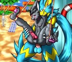 anal anal_sex anthro balls beach blush bondage bondage bound dominant duo fan_character female freyart genitals hi_res knot leg_grab legs_up male male/female male/male nintendo paws penetration penis pokemon pokemon_(species) seaside smile