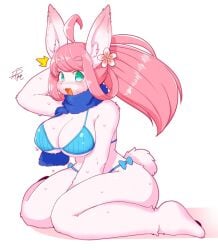 accessory anthro bikini bodily_fluids clothing female flower flower_in_hair green_eyes gut0002 hair hair_accessory hi_res lagomorph leporid looking_at_viewer mammal pink_hair plant rabbit scarf simple_background smile smiling_at_viewer solo sweat swimwear