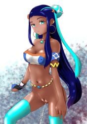 1girls bottomless casual_wetting dark_skin intentional_pants_wetting light_blush nessa_(pokemon) nipple_bulge orange_(pixiv) peeing pokemon pokemon_ss pussy standing_pee uncensored urination urine urine_stream